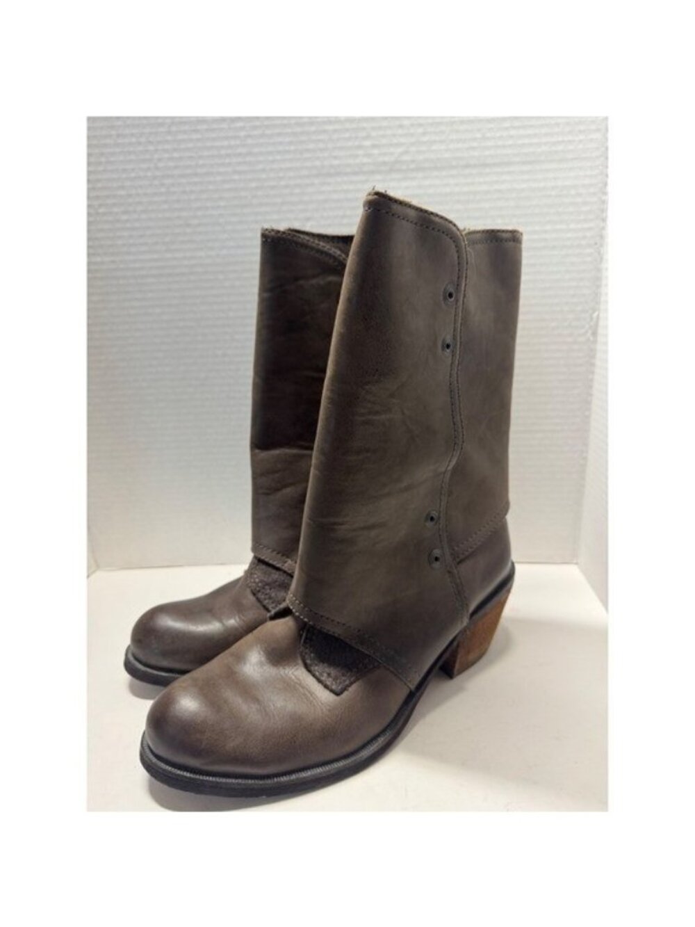 Luxury Rebel Brown Leather Mid-Calf Gaiter Boots Stacked Heel Size 40 9
